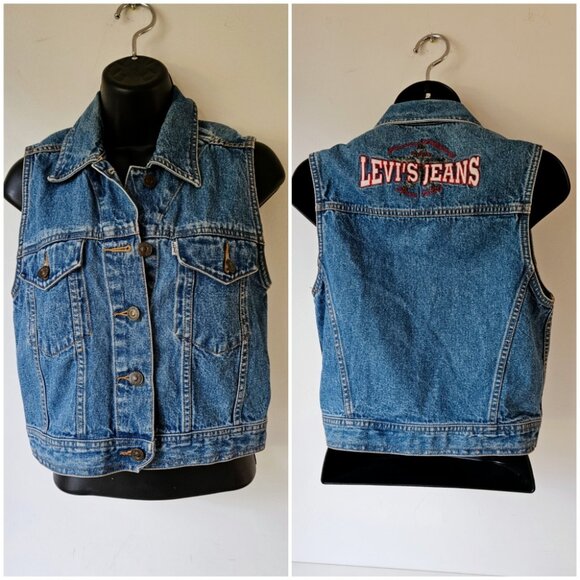 VTG 90s Levis Denim Trucker Vest Women's Small S Jeans Waist Logo Festival - Picture 1 of 11
